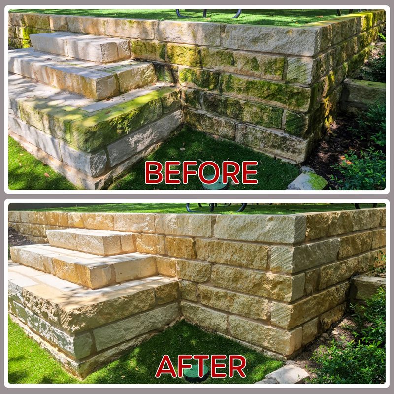 Mossy stone terrace cleaned and sealed in Austin TX
